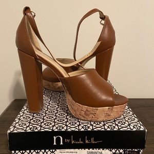 Size 11, Nicole Miller Cork Heel Sandals, 5 inches, Cognac